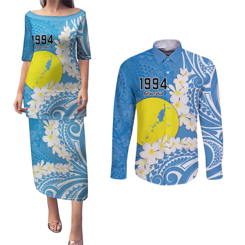 Personalized Palau 1994 Belau Rekid Couples Matching Puletasi and Long Sleeve Button Shirt Polynesian Plumeria Style LT9 Blue - Polynesian Pride