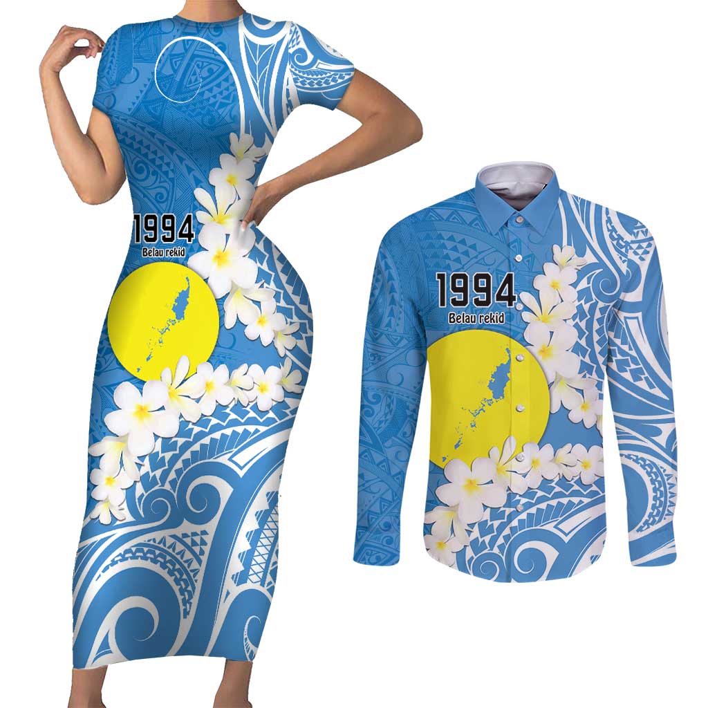 Personalized Palau 1994 Belau Rekid Couples Matching Short Sleeve Bodycon Dress and Long Sleeve Button Shirt Polynesian Plumeria Style LT9 Blue - Polynesian Pride