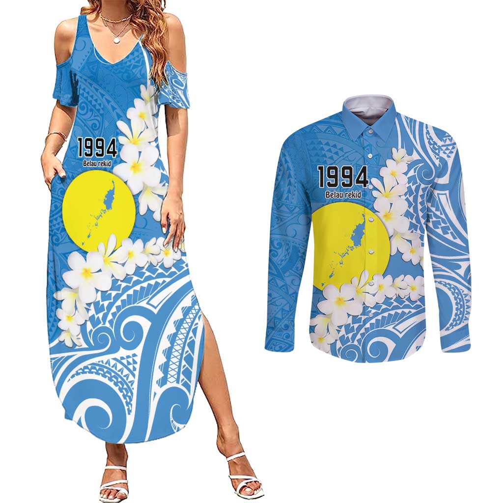Personalized Palau 1994 Belau Rekid Couples Matching Summer Maxi Dress and Long Sleeve Button Shirt Polynesian Plumeria Style LT9 Blue - Polynesian Pride