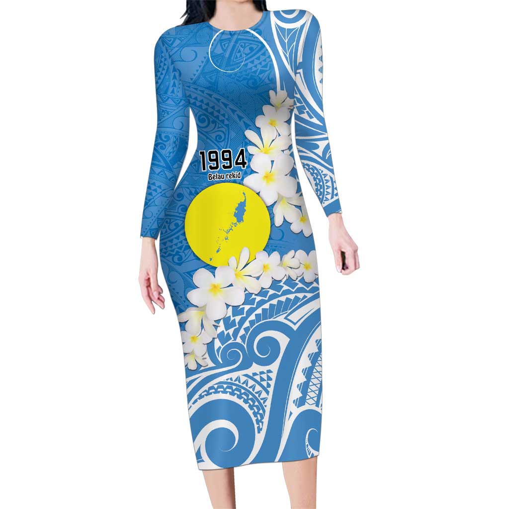 Personalized Palau 1994 Belau Rekid Family Matching Long Sleeve Bodycon Dress and Hawaiian Shirt Polynesian Plumeria Style LT9 Mom's Dress Blue - Polynesian Pride