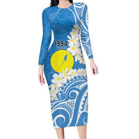 Personalized Palau 1994 Belau Rekid Family Matching Long Sleeve Bodycon Dress and Hawaiian Shirt Polynesian Plumeria Style LT9 Mom's Dress Blue - Polynesian Pride