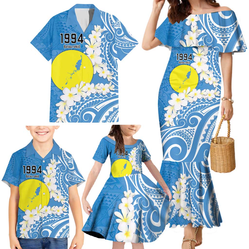 Personalized Palau 1994 Belau Rekid Family Matching Mermaid Dress and Hawaiian Shirt Polynesian Plumeria Style LT9 - Polynesian Pride