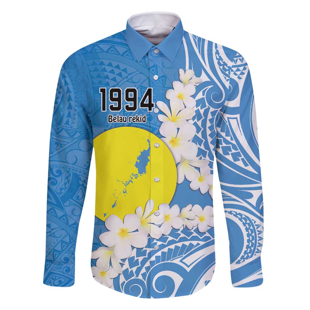 Personalized Palau 1994 Belau Rekid Family Matching Mermaid Dress and Hawaiian Shirt Polynesian Plumeria Style LT9 Dad's Shirt - Long Sleeve Blue - Polynesian Pride