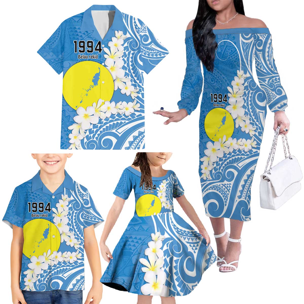 Personalized Palau 1994 Belau Rekid Family Matching Off The Shoulder Long Sleeve Dress and Hawaiian Shirt Polynesian Plumeria Style LT9 - Polynesian Pride