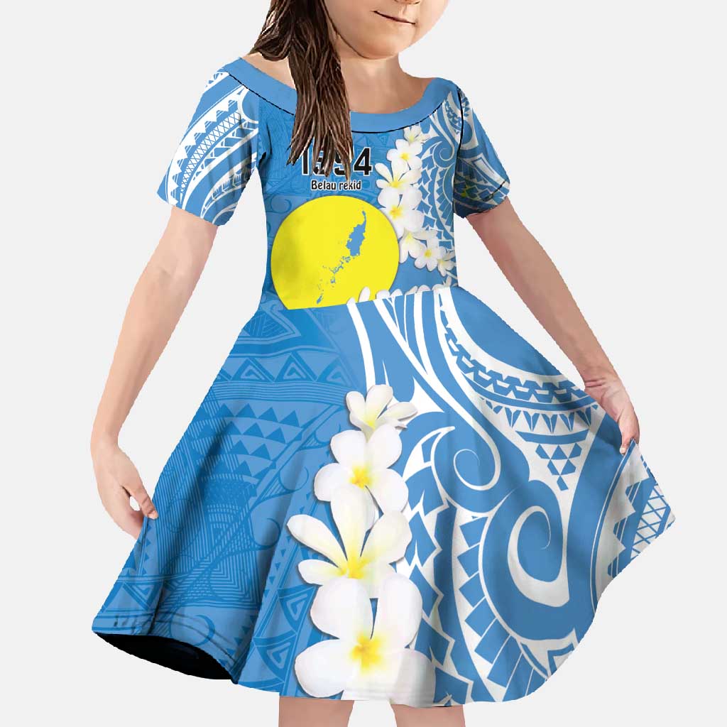 Personalized Palau 1994 Belau Rekid Family Matching Off Shoulder Maxi Dress and Hawaiian Shirt Polynesian Plumeria Style LT9 Daughter's Dress Blue - Polynesian Pride