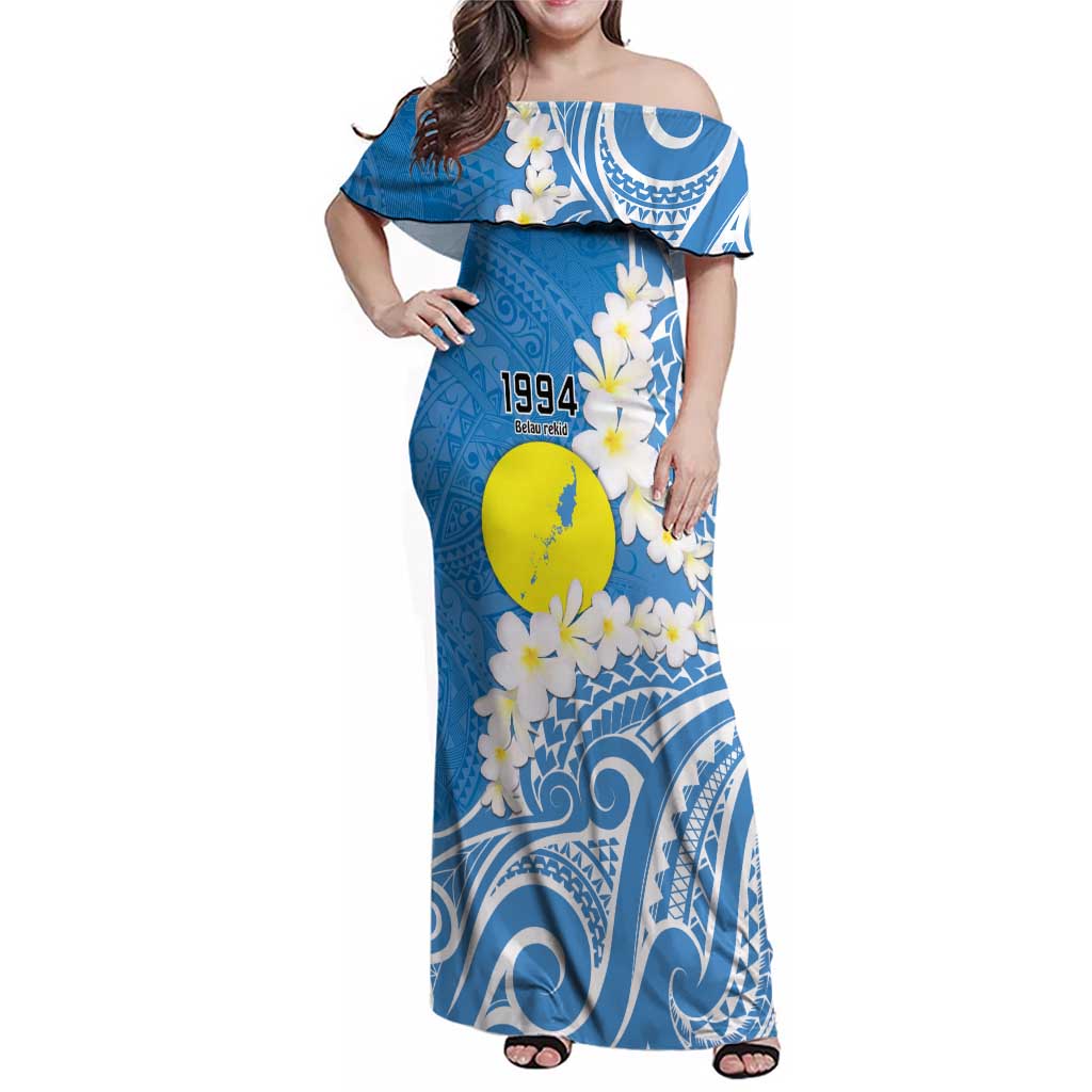 Personalized Palau 1994 Belau Rekid Family Matching Off Shoulder Maxi Dress and Hawaiian Shirt Polynesian Plumeria Style LT9 Mom's Dress Blue - Polynesian Pride