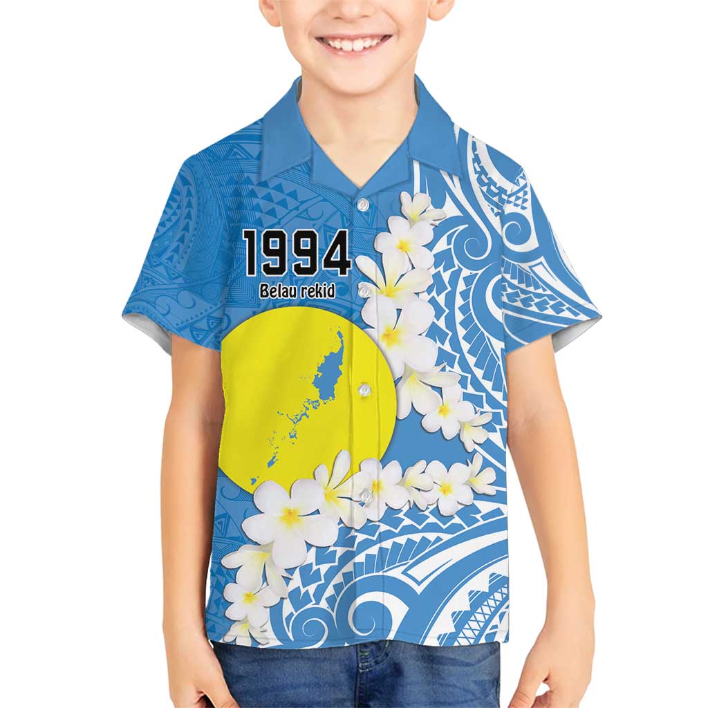 Personalized Palau 1994 Belau Rekid Family Matching Off Shoulder Maxi Dress and Hawaiian Shirt Polynesian Plumeria Style LT9 Son's Shirt Blue - Polynesian Pride