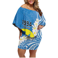 Personalized Palau 1994 Belau Rekid Family Matching Off Shoulder Short Dress and Hawaiian Shirt Polynesian Plumeria Style LT9 Mom's Dress Blue - Polynesian Pride