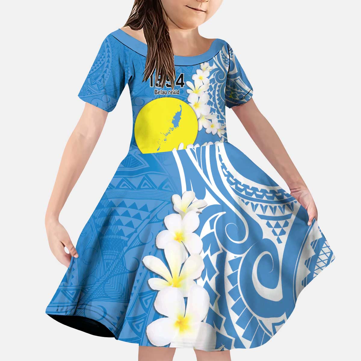 Personalized Palau 1994 Belau Rekid Family Matching Puletasi and Hawaiian Shirt Polynesian Plumeria Style LT9 Daughter's Dress Blue - Polynesian Pride