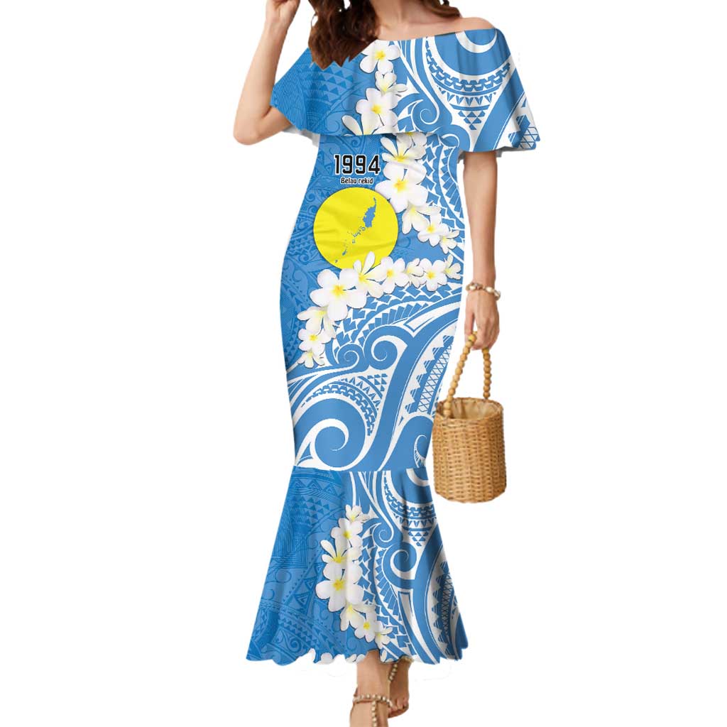 Personalized Palau 1994 Belau Rekid Mermaid Dress Polynesian Plumeria Style LT9 Women Blue - Polynesian Pride