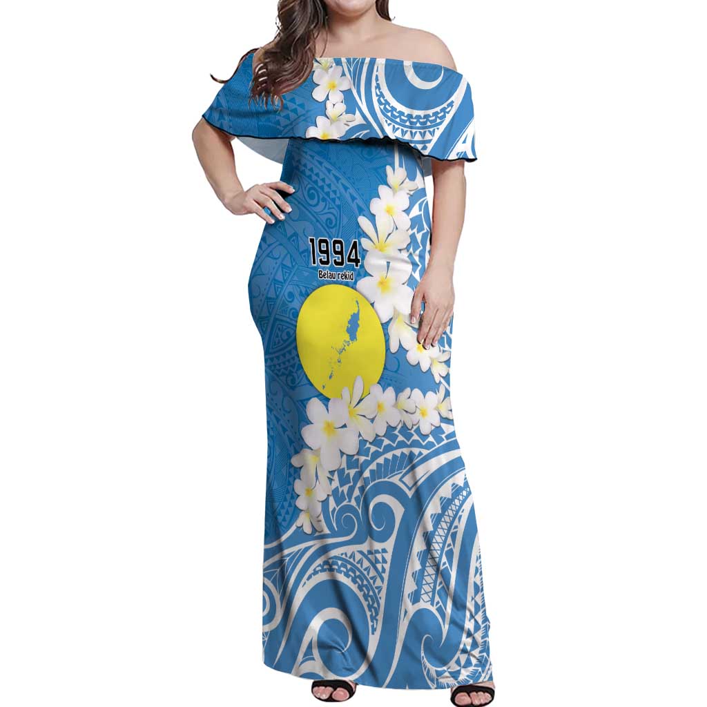 Personalized Palau 1994 Belau Rekid Off Shoulder Maxi Dress Polynesian Plumeria Style LT9 Women Blue - Polynesian Pride