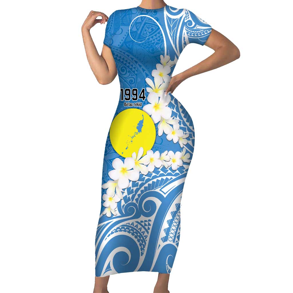 Personalized Palau 1994 Belau Rekid Short Sleeve Bodycon Dress Polynesian Plumeria Style LT9 Long Dress Blue - Polynesian Pride