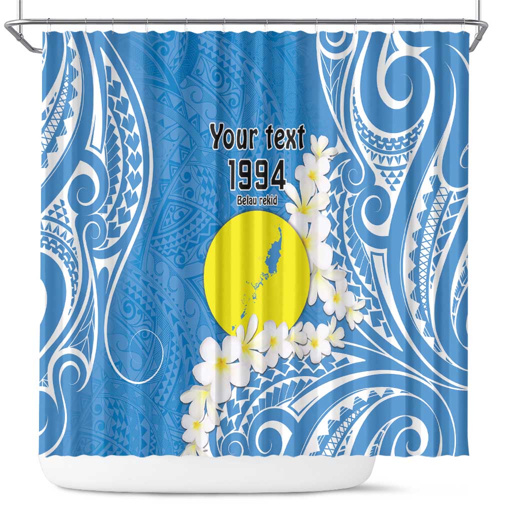 Personalized Palau 1994 Belau Rekid Shower Curtain Polynesian Plumeria Style LT9 Blue - Polynesian Pride