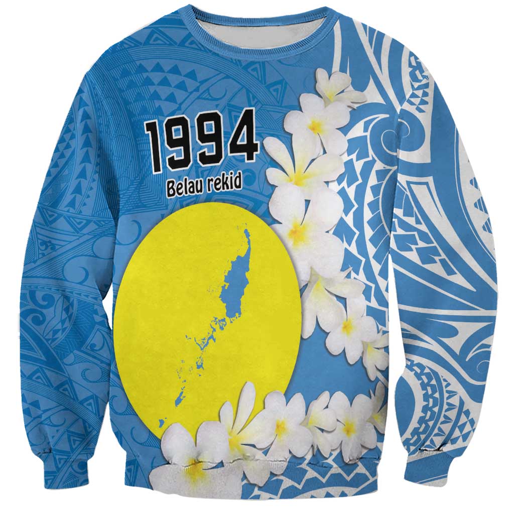 Personalized Palau 1994 Belau Rekid Sweatshirt Polynesian Plumeria Style LT9 Unisex Blue - Polynesian Pride