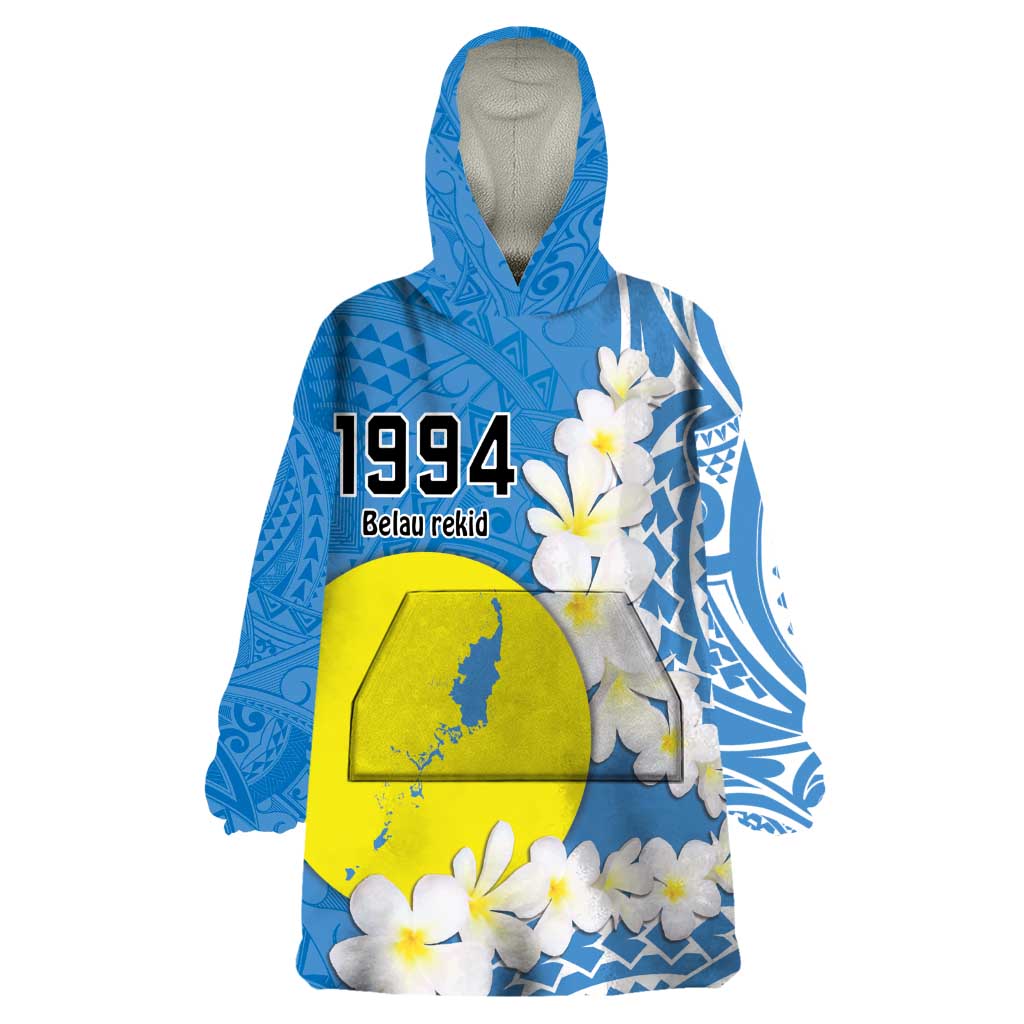 Personalized Palau 1994 Belau Rekid Wearable Blanket Hoodie Polynesian Plumeria Style LT9 One Size Blue - Polynesian Pride