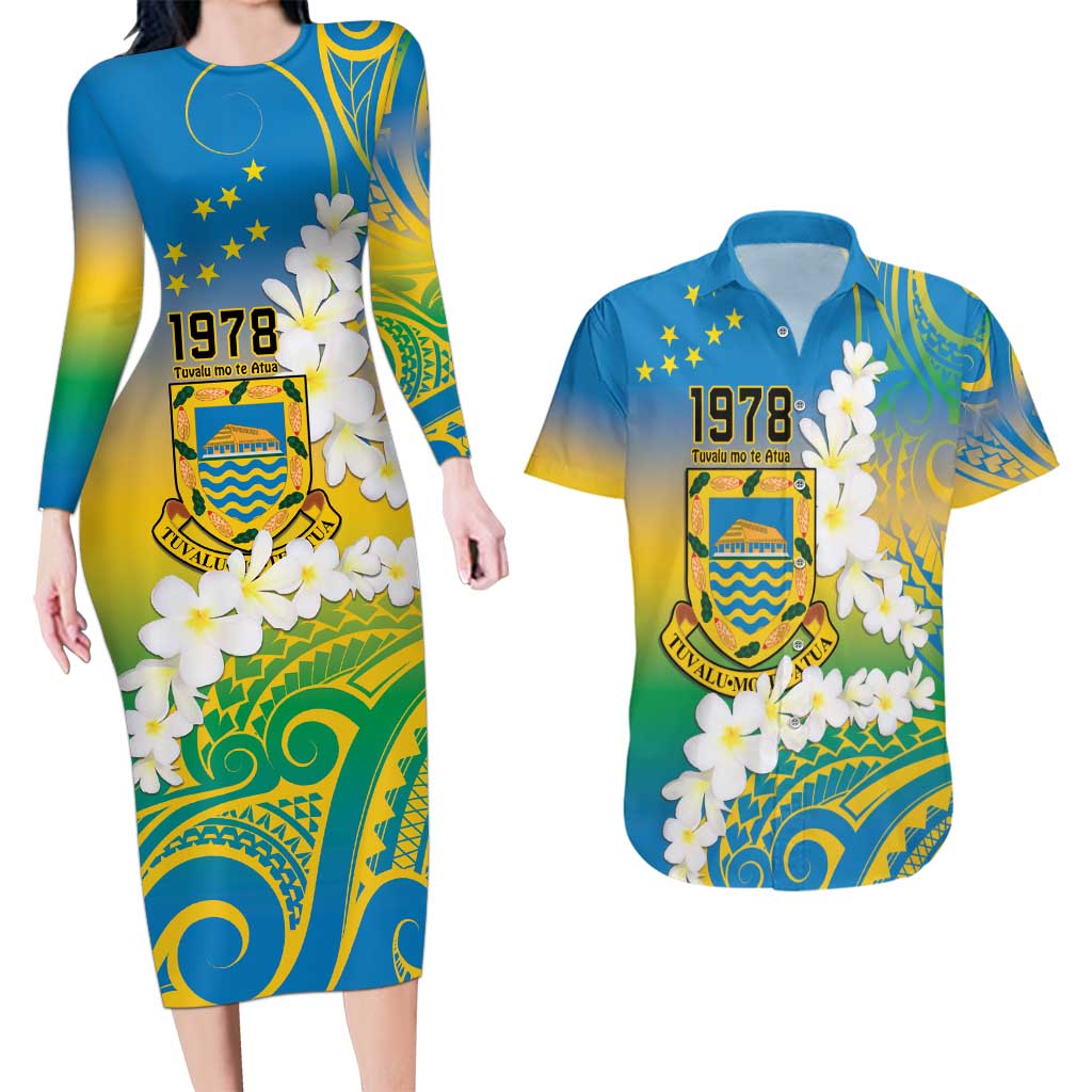 Personalised Tuvalu 1978 Independence Day Couples Matching Long Sleeve Bodycon Dress and Hawaiian Shirt Polynesian Plumeria Style LT9 Gradient - Polynesian Pride