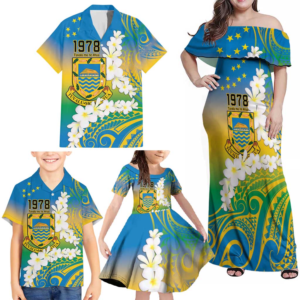 Personalised Tuvalu 1978 Independence Day Family Matching Off Shoulder Maxi Dress and Hawaiian Shirt Polynesian Plumeria Style LT9 - Polynesian Pride