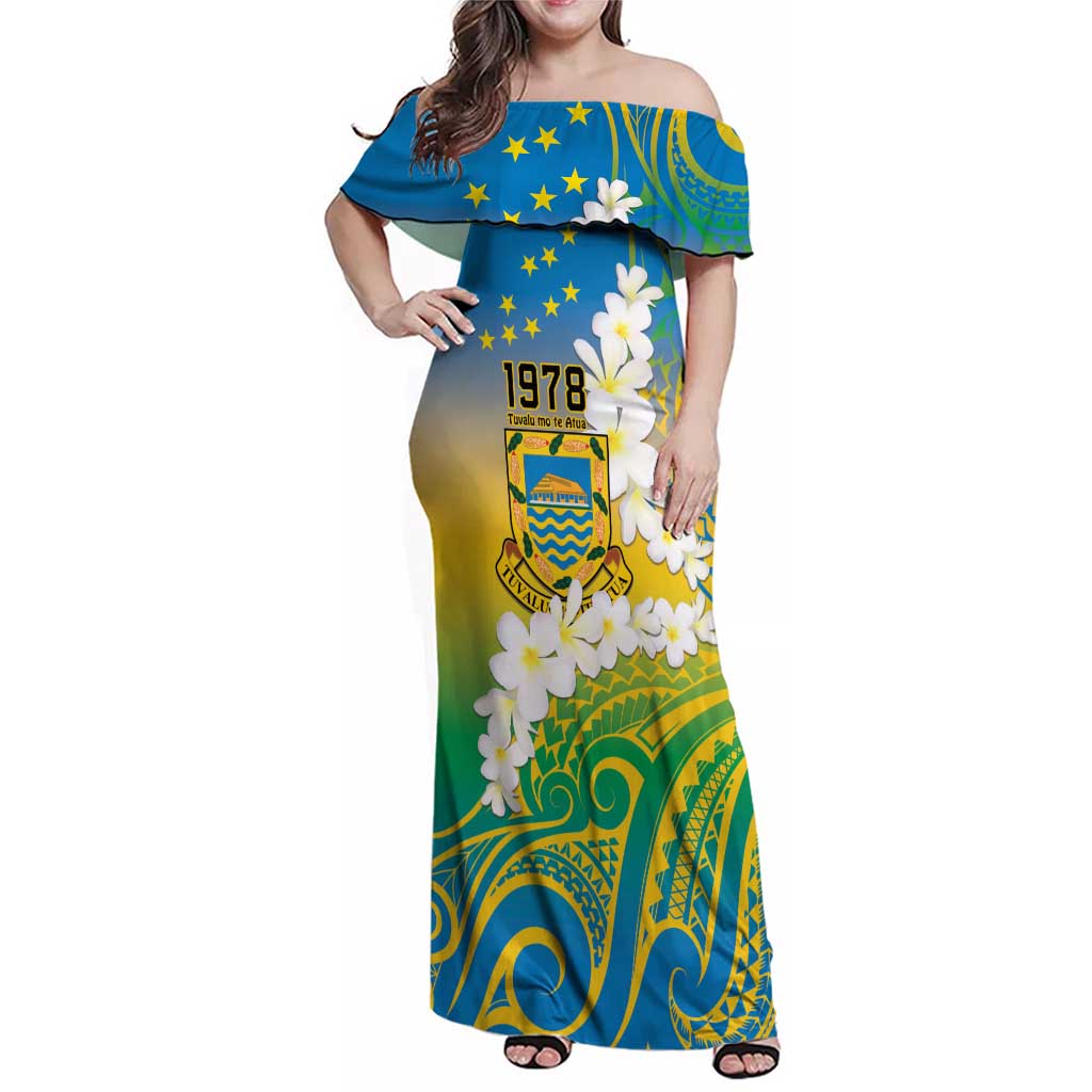 Personalised Tuvalu 1978 Independence Day Family Matching Off Shoulder Maxi Dress and Hawaiian Shirt Polynesian Plumeria Style LT9 Mom's Dress Gradient - Polynesian Pride