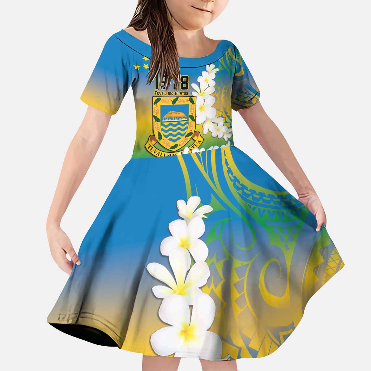 Personalised Tuvalu 1978 Independence Day Family Matching Puletasi and Hawaiian Shirt Polynesian Plumeria Style LT9 Daughter's Dress Gradient - Polynesian Pride