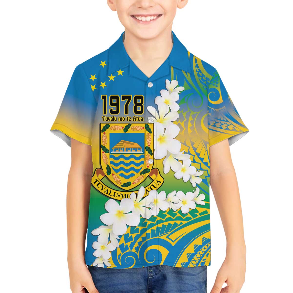 Personalised Tuvalu 1978 Independence Day Family Matching Puletasi and Hawaiian Shirt Polynesian Plumeria Style LT9 Son's Shirt Gradient - Polynesian Pride