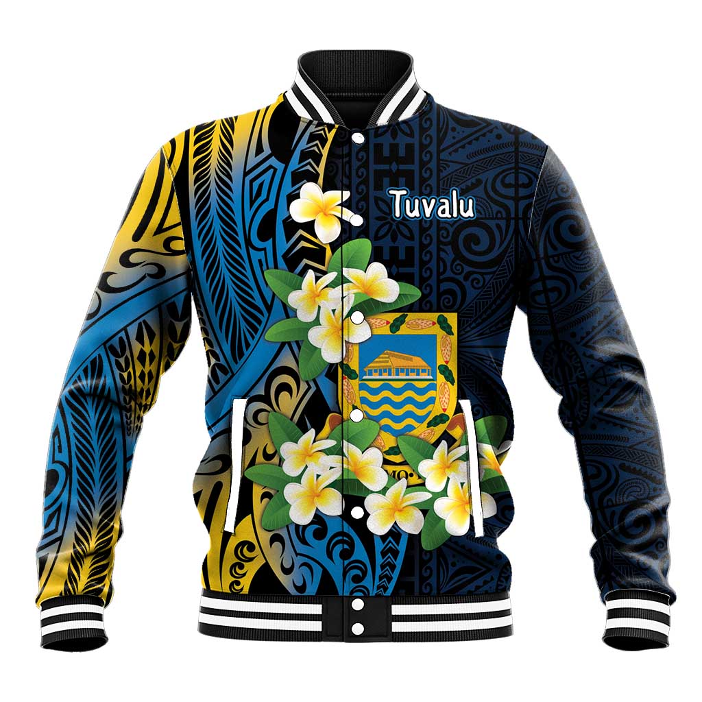 Personalised Tuvalu Beautiful Plumeria Flower Baseball Jacket LT9 Unisex Black - Polynesian Pride