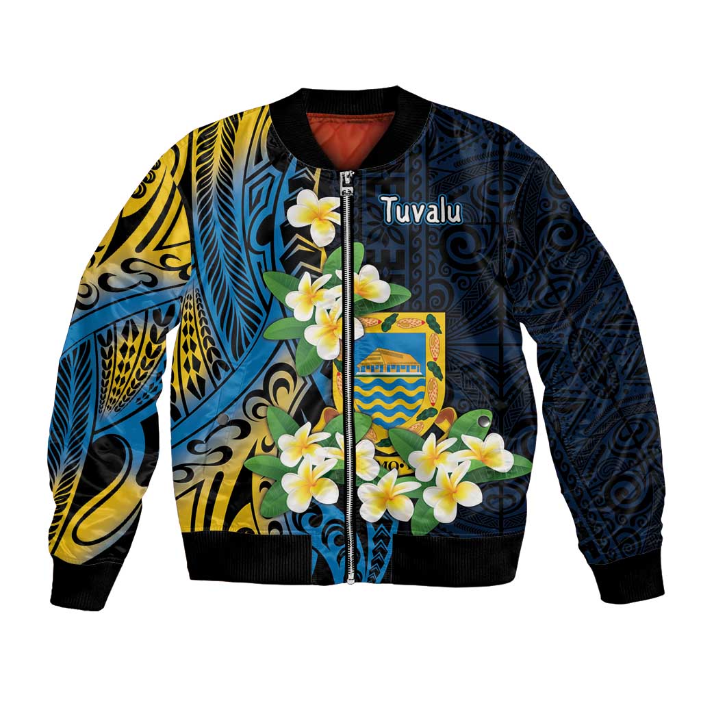 Personalised Tuvalu Beautiful Plumeria Flower Bomber Jacket LT9 Unisex Black - Polynesian Pride