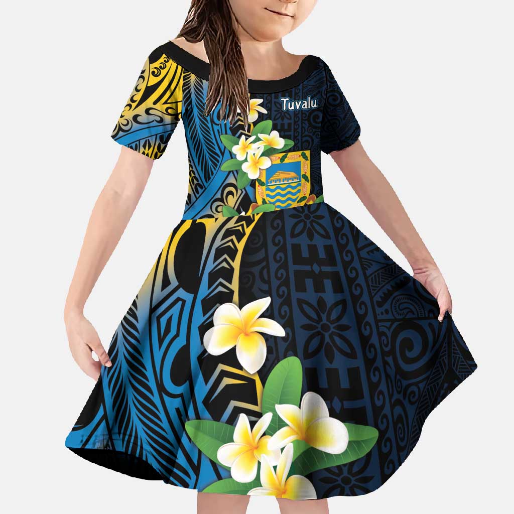 Personalised Tuvalu Beautiful Plumeria Flower Family Matching Long Sleeve Bodycon Dress and Hawaiian Shirt LT9 Daughter's Dress Black - Polynesian Pride