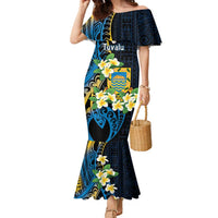 Personalised Tuvalu Beautiful Plumeria Flower Family Matching Mermaid Dress and Hawaiian Shirt LT9 Mom's Dress Black - Polynesian Pride