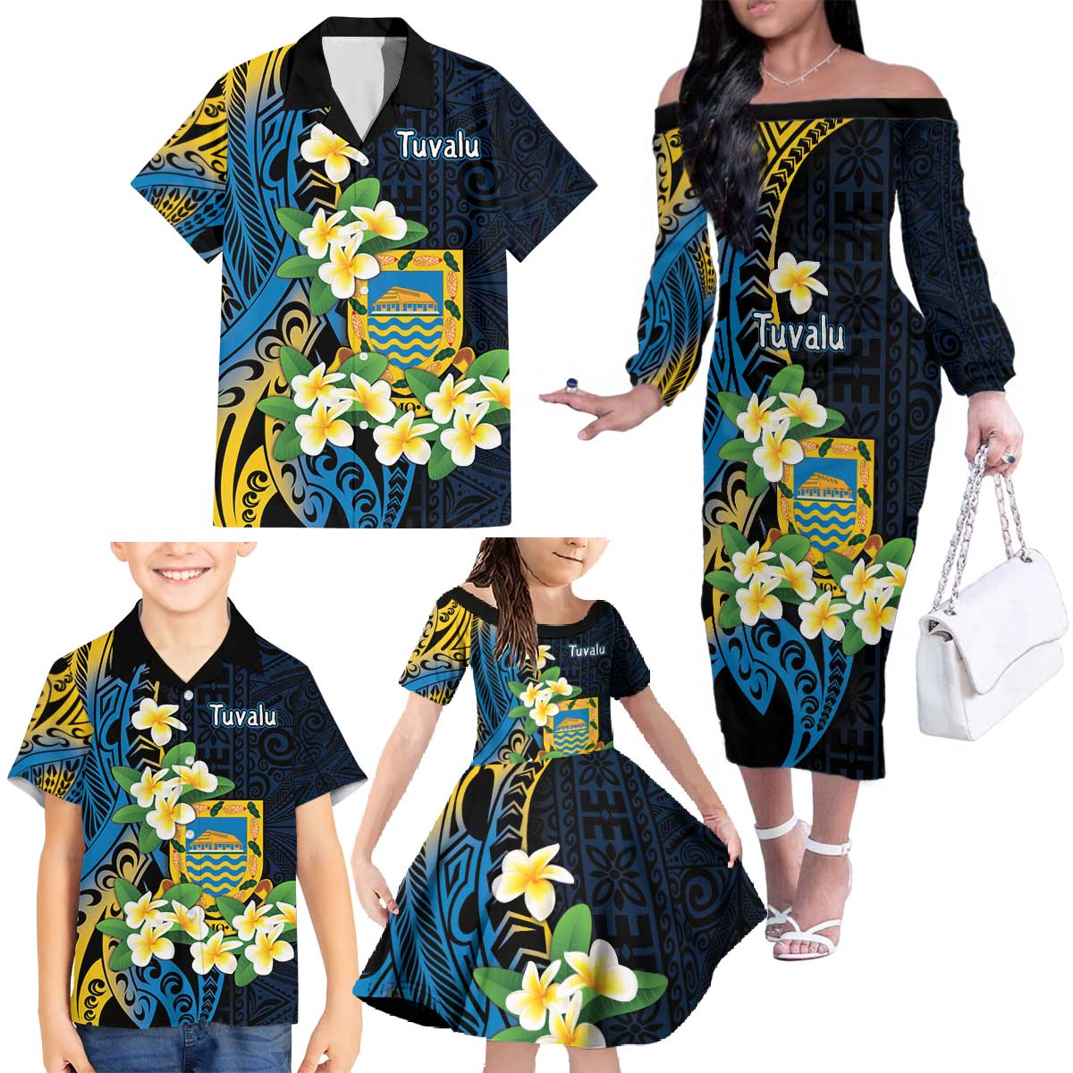 Personalised Tuvalu Beautiful Plumeria Flower Family Matching Off The Shoulder Long Sleeve Dress and Hawaiian Shirt LT9 - Polynesian Pride