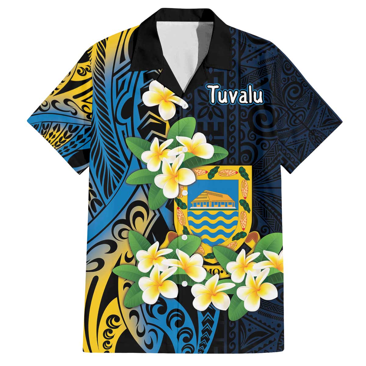 Personalised Tuvalu Beautiful Plumeria Flower Family Matching Off Shoulder Short Dress and Hawaiian Shirt LT9 Dad's Shirt - Short Sleeve Black - Polynesian Pride