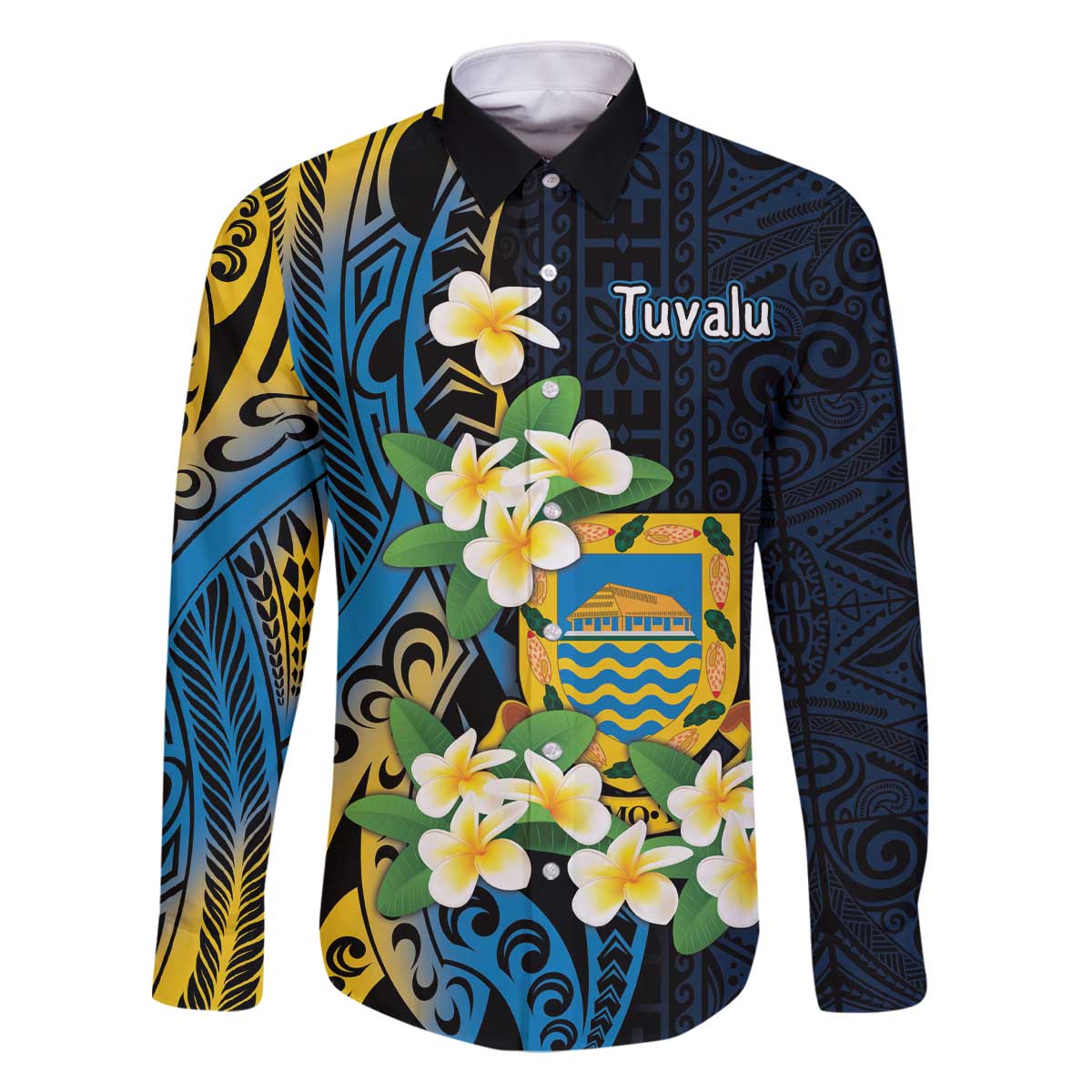 Personalised Tuvalu Beautiful Plumeria Flower Family Matching Off Shoulder Short Dress and Hawaiian Shirt LT9 Dad's Shirt - Long Sleeve Black - Polynesian Pride