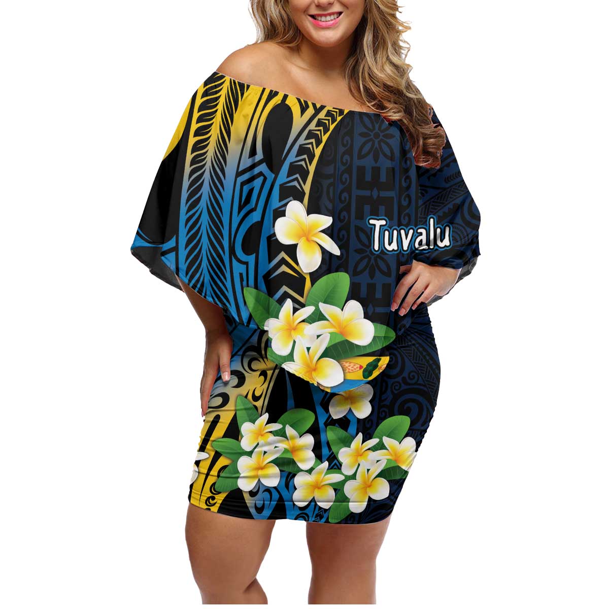 Personalised Tuvalu Beautiful Plumeria Flower Family Matching Off Shoulder Short Dress and Hawaiian Shirt LT9 Mom's Dress Black - Polynesian Pride