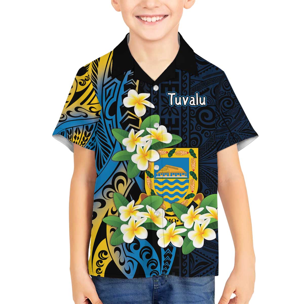 Personalised Tuvalu Beautiful Plumeria Flower Family Matching Off Shoulder Short Dress and Hawaiian Shirt LT9 Son's Shirt Black - Polynesian Pride