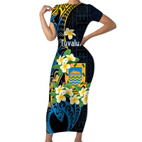 Personalised Tuvalu Beautiful Plumeria Flower Family Matching Short Sleeve Bodycon Dress and Hawaiian Shirt LT9 Mom's Dress Black - Polynesian Pride