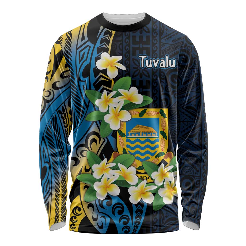 Personalised Tuvalu Beautiful Plumeria Flower Long Sleeve Shirt LT9 Unisex Black - Polynesian Pride