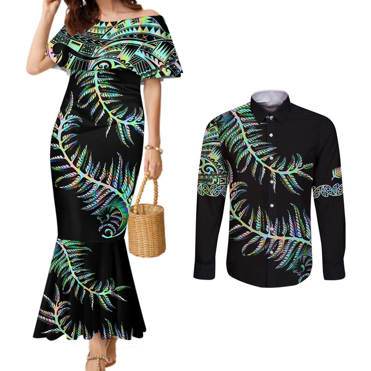 New Zealand Couples Matching Mermaid Dress and Long Sleeve Button Shirt Aotearoa Silver Fern Mixed Papua Shell Green Vibe LT9 Green - Polynesian Pride