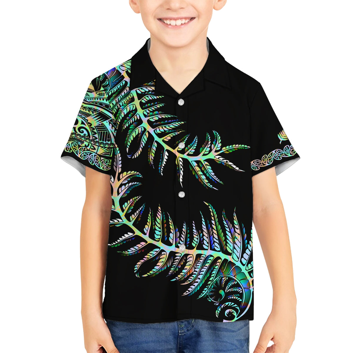 New Zealand Family Matching Long Sleeve Bodycon Dress and Hawaiian Shirt Aotearoa Silver Fern Mixed Papua Shell Green Vibe LT9 Son's Shirt Green - Polynesian Pride