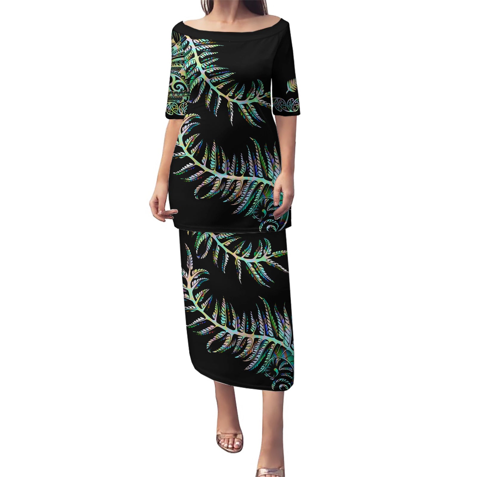 New Zealand Puletasi Aotearoa Silver Fern Mixed Papua Shell Green Vibe LT9 Long Dress Green - Polynesian Pride