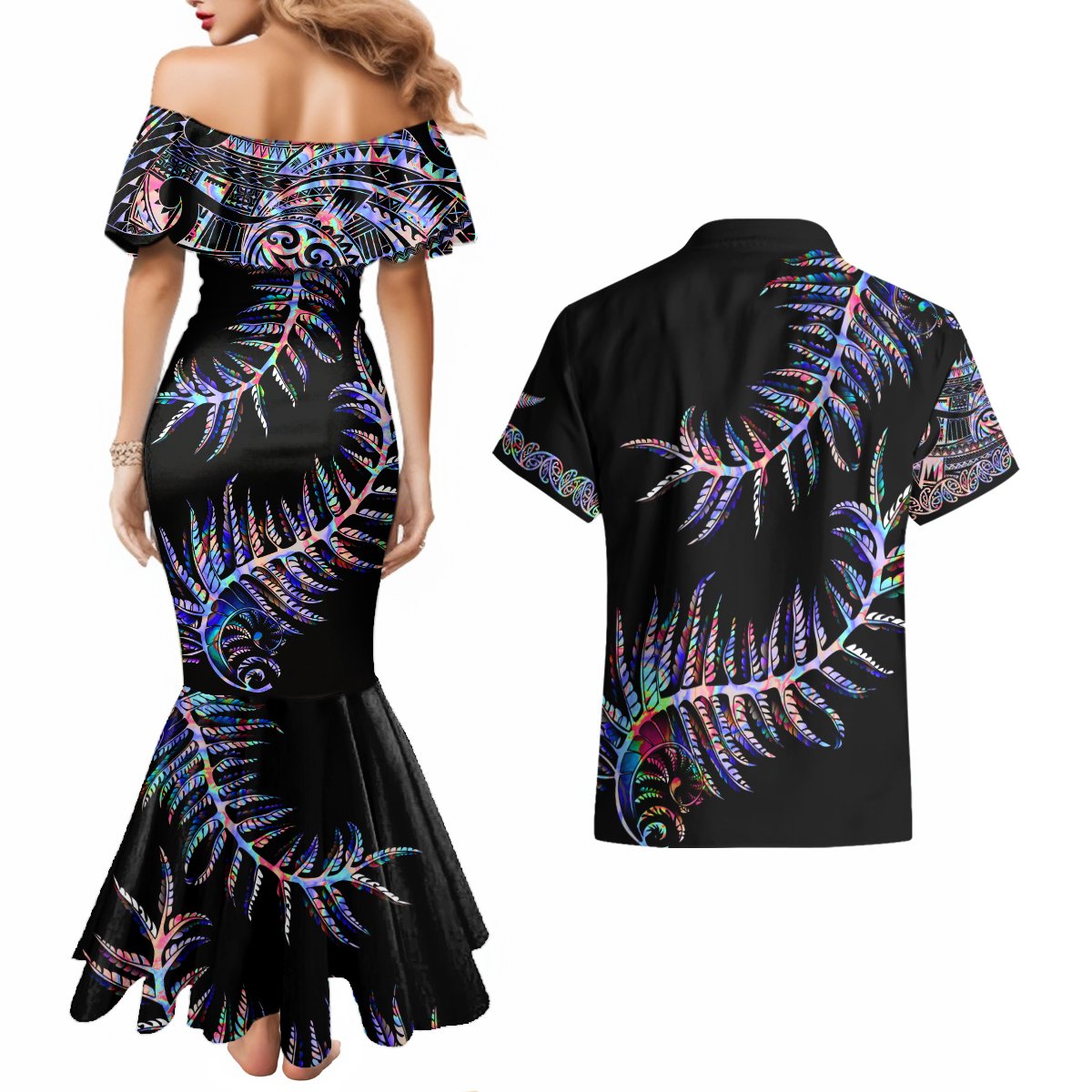 New Zealand Couples Matching Mermaid Dress and Hawaiian Shirt Aotearoa Silver Fern Mixed Papua Shell Purple Vibe LT9 - Polynesian Pride