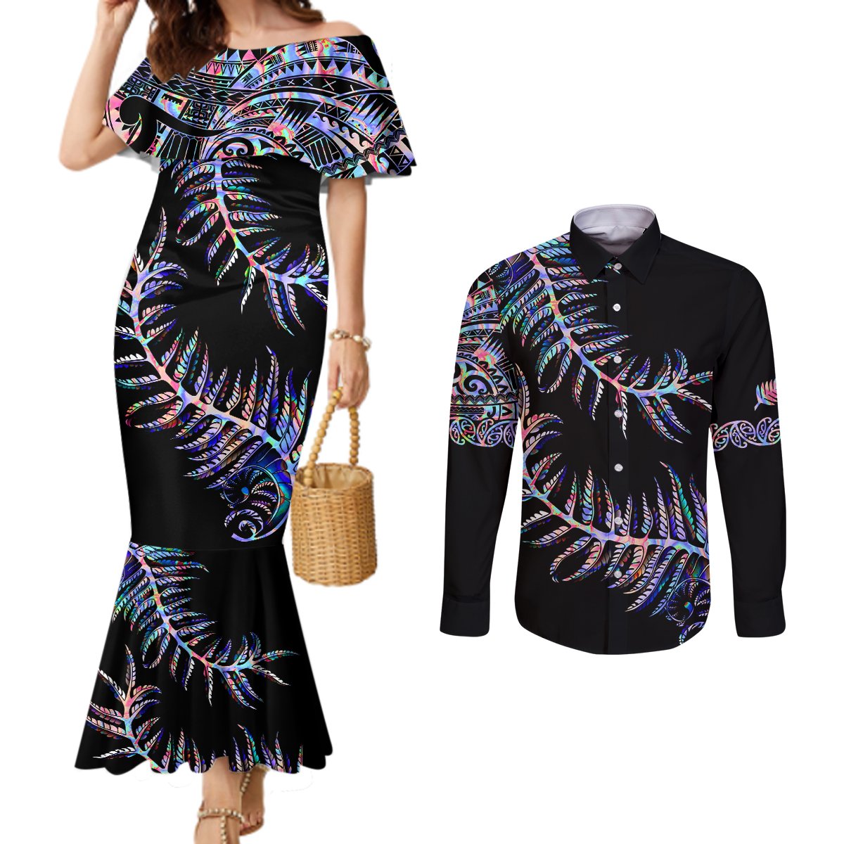 New Zealand Couples Matching Mermaid Dress and Long Sleeve Button Shirt Aotearoa Silver Fern Mixed Papua Shell Purple Vibe LT9 Purple - Polynesian Pride