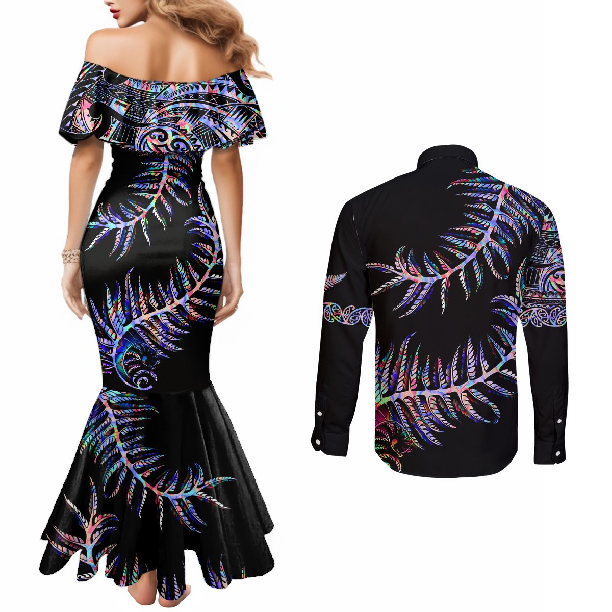 New Zealand Couples Matching Mermaid Dress and Long Sleeve Button Shirt Aotearoa Silver Fern Mixed Papua Shell Purple Vibe LT9 - Polynesian Pride