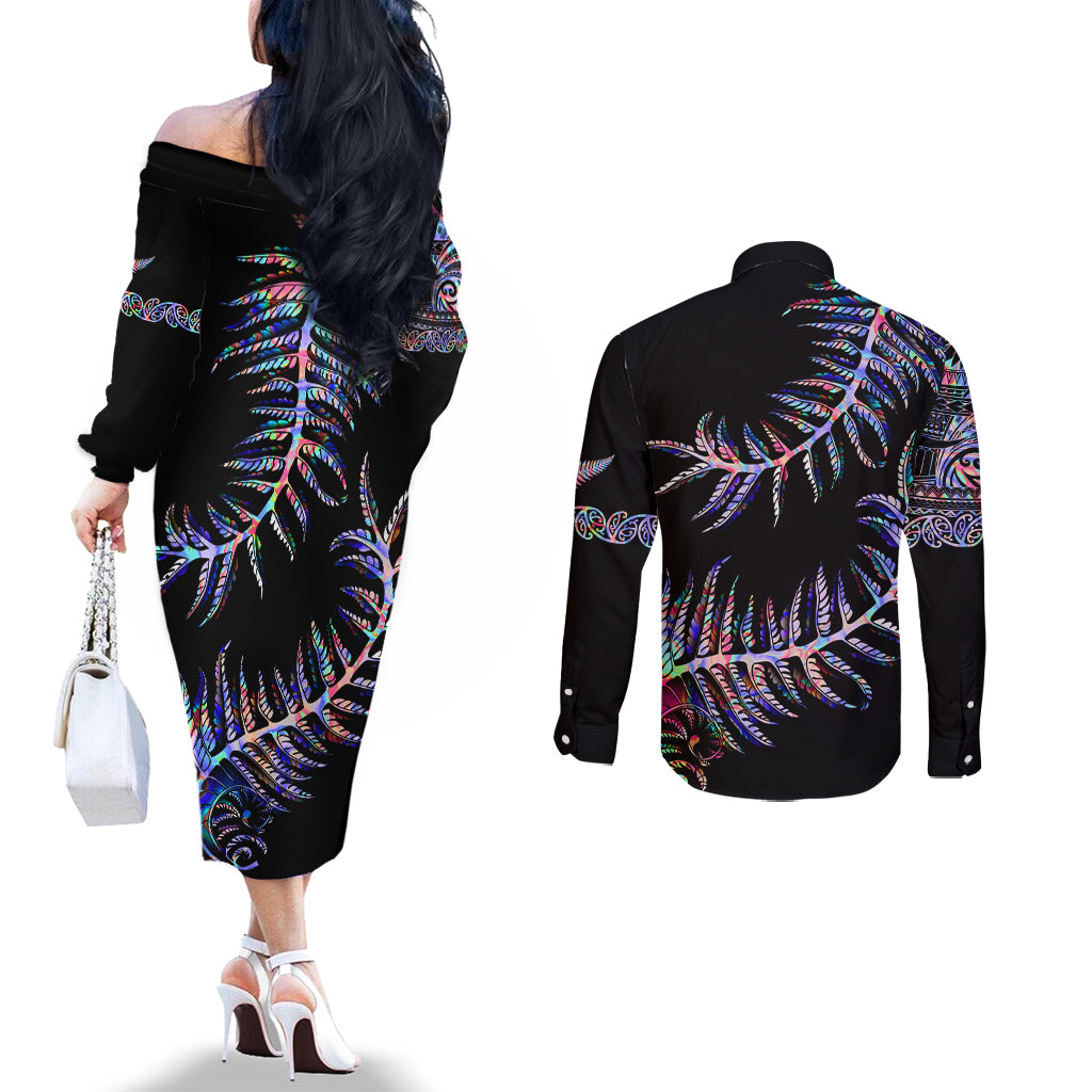 New Zealand Couples Matching Off The Shoulder Long Sleeve Dress and Long Sleeve Button Shirt Aotearoa Silver Fern Mixed Papua Shell Purple Vibe LT9 - Polynesian Pride