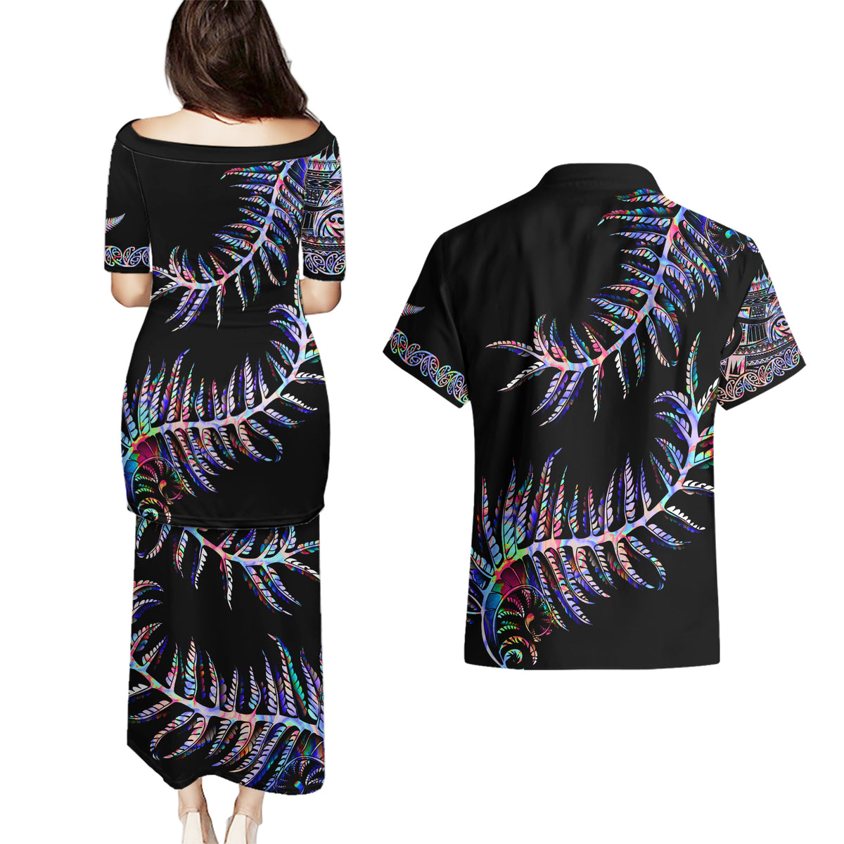 New Zealand Couples Matching Puletasi Dress and Hawaiian Shirt Aotearoa Silver Fern Mixed Papua Shell Purple Vibe LT9 - Polynesian Pride