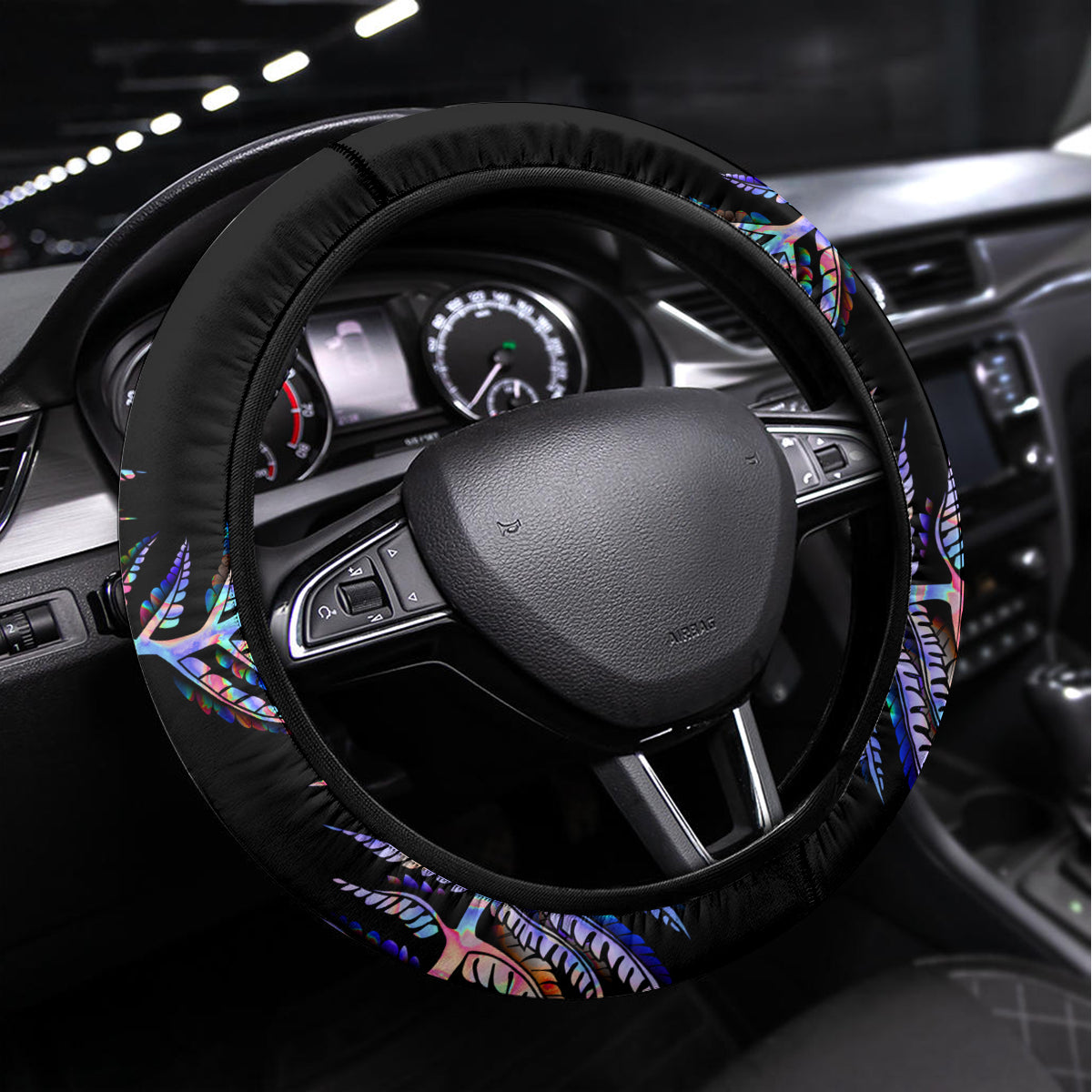 New Zealand Steering Wheel Cover Aotearoa Silver Fern Mixed Papua Shell Purple Vibe LT9 Universal Fit Purple - Polynesian Pride