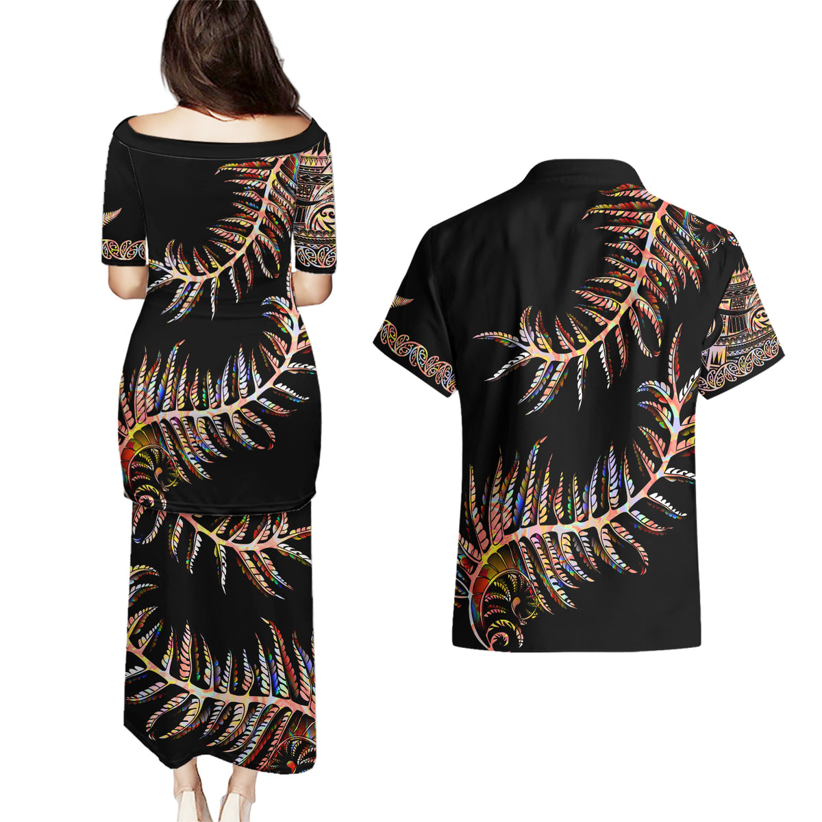 New Zealand Couples Matching Puletasi Dress and Hawaiian Shirt Aotearoa Silver Fern Mixed Papua Shell Red Vibe LT9 - Polynesian Pride