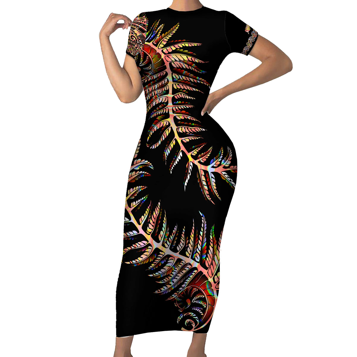 New Zealand Family Matching Short Sleeve Bodycon Dress and Hawaiian Shirt Aotearoa Silver Fern Mixed Papua Shell Red Vibe LT9 Mom's Dress Red - Polynesian Pride