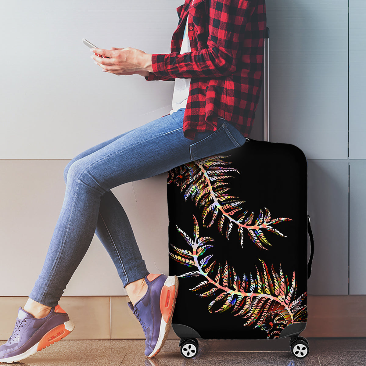New Zealand Luggage Cover Aotearoa Silver Fern Mixed Papua Shell Red Vibe LT9 - Polynesian Pride