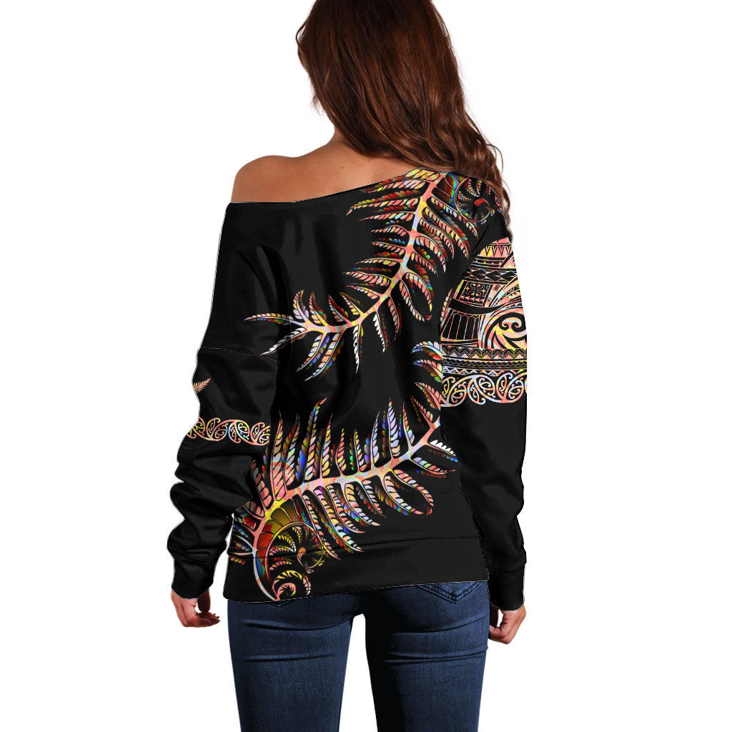 New Zealand Off Shoulder Sweater Aotearoa Silver Fern Mixed Papua Shell Red Vibe LT9 - Polynesian Pride