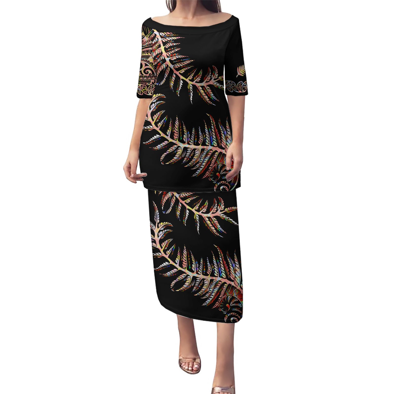 New Zealand Puletasi Aotearoa Silver Fern Mixed Papua Shell Red Vibe LT9 Long Dress Red - Polynesian Pride