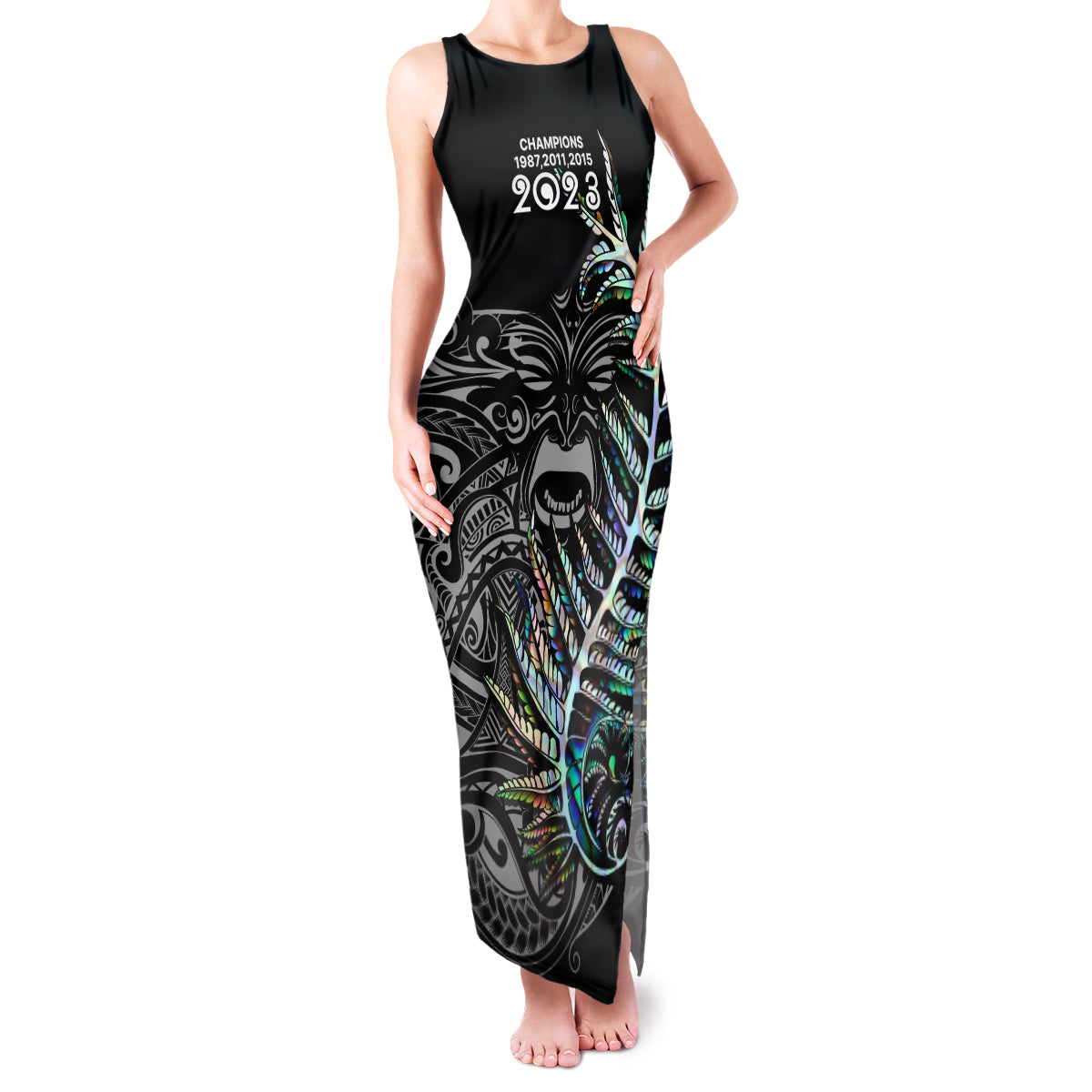 New Zealand Rugby Family Matching Tank Maxi Dress and Hawaiian Shirt NZ Black Fern Champions History With Papua Shell LT9 Mom's Dress Black - Polynesian Pride